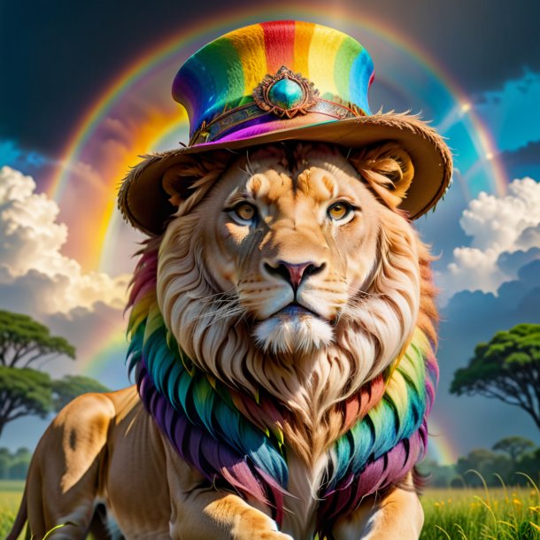 Photo d'un lion dans un chapeau sur l'arc-en-ciel