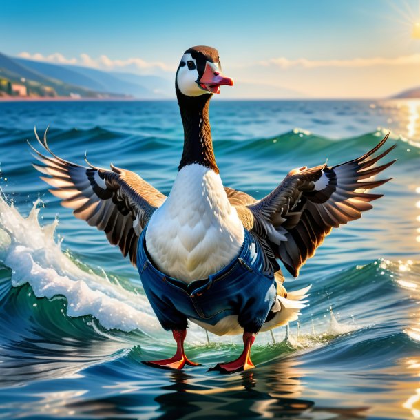 Image of a goose in a jeans in the sea