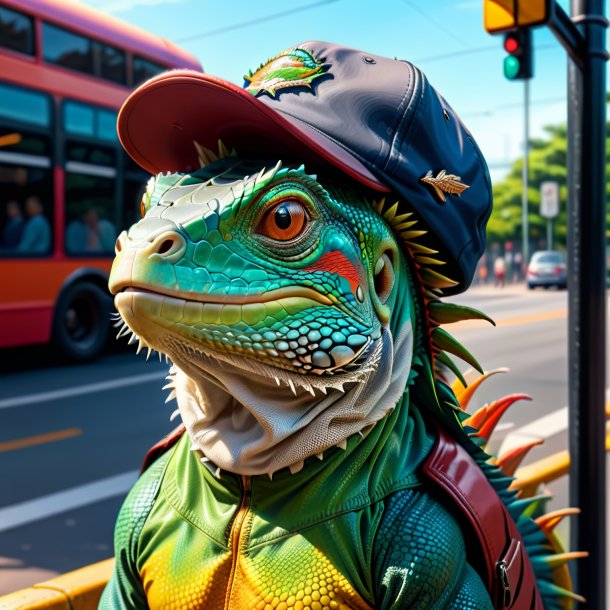 Desenho de uma iguana em um boné na parada de ônibus