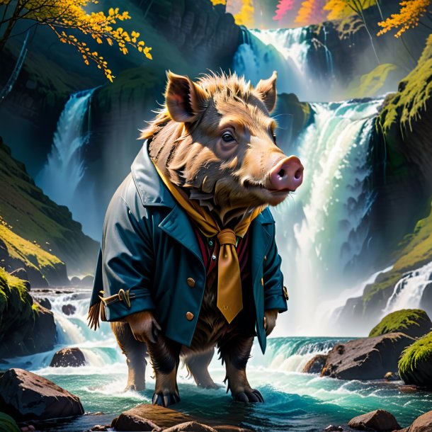 Image of a boar in a coat in the waterfall