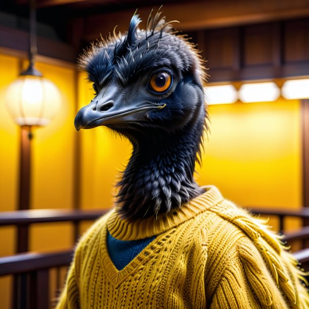 Imagem de uma emu em um suéter amarelo