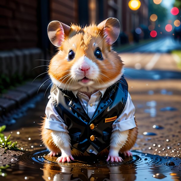 Pic of a hamster in a vest in the puddle