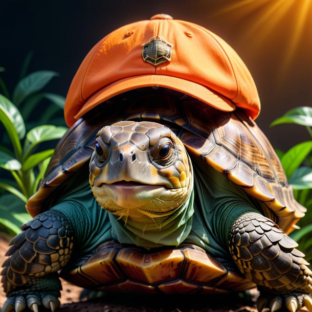 Foto de una tortuga con una gorra naranja