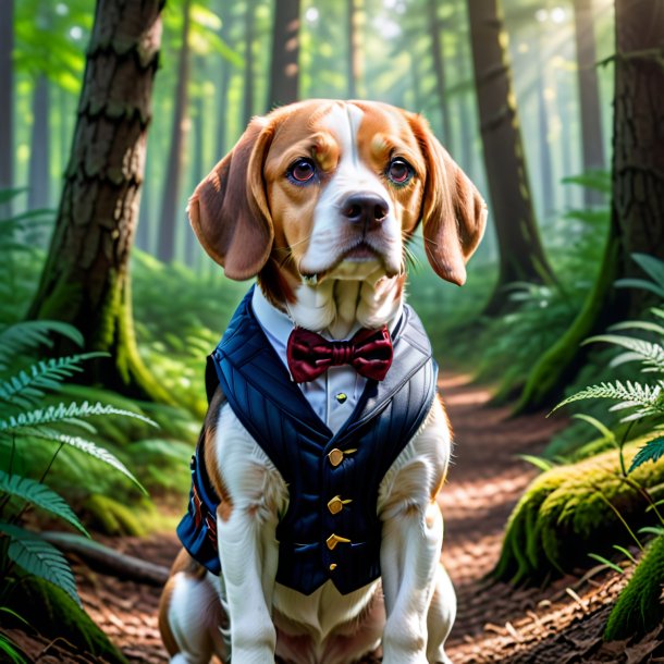 Foto de um beagle em um colete na floresta