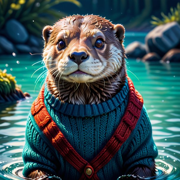 Illustration of a otter in a sweater in the water