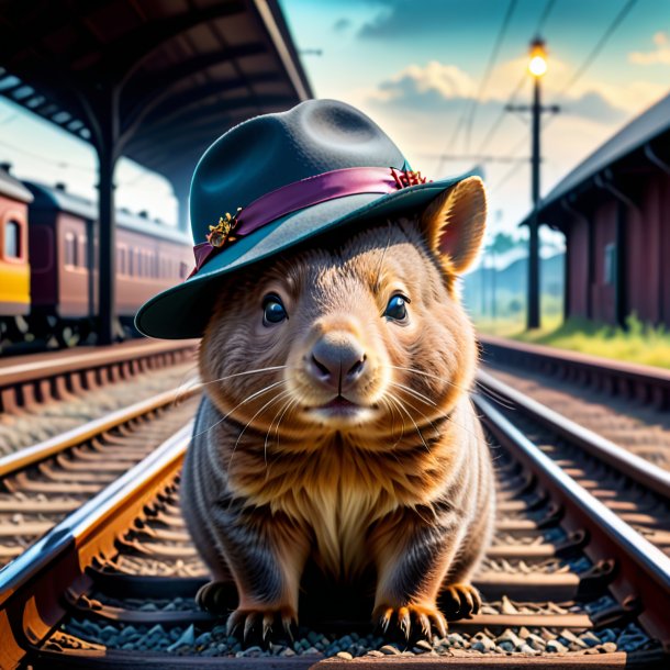 Imagem de um wombat em um chapéu nos trilhos ferroviários