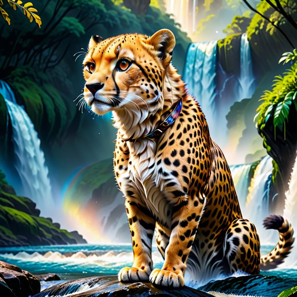 Illustration of a cheetah in a belt in the waterfall