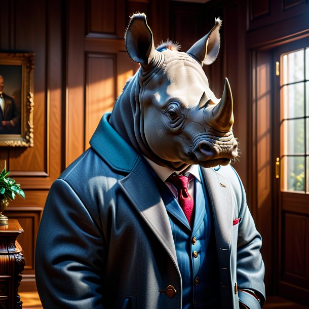 Photo of a rhinoceros in a coat in the house