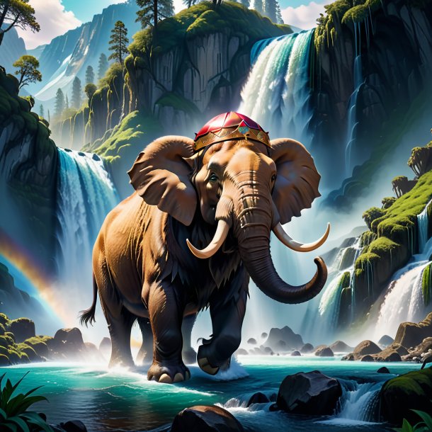 Picture of a mammoth in a cap in the waterfall