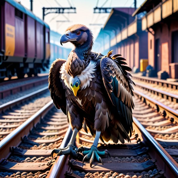 Photo d'un vautour dans un gants sur les voies ferrées