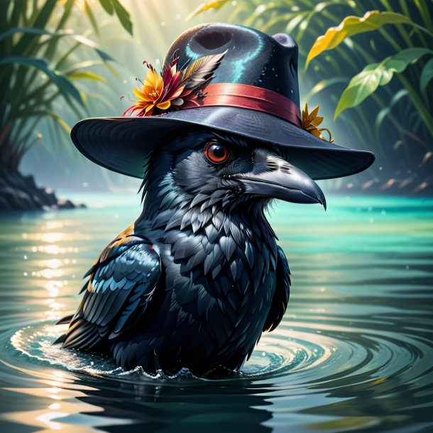 Illustration of a crow in a hat in the water