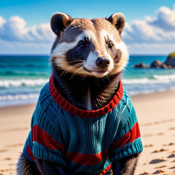 Foto de un tejón en un suéter en la playa