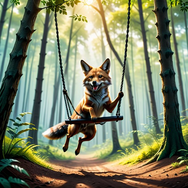 Photo of a swinging on a swing of a jackal in the forest