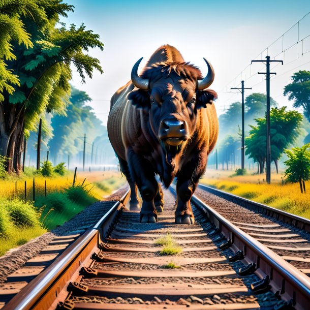 Photo of a waiting of a buffalo on the railway tracks