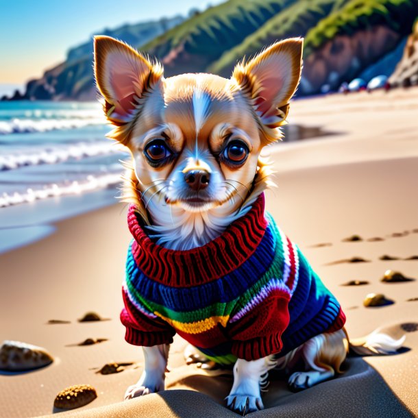 Imagem de um chihuahua em um suéter na praia