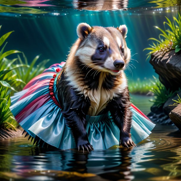 Photo of a badger in a skirt in the water