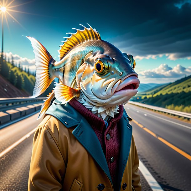 Retrato de um peixe em um casaco na estrada