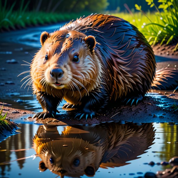 Image of a waiting of a beaver in the puddle