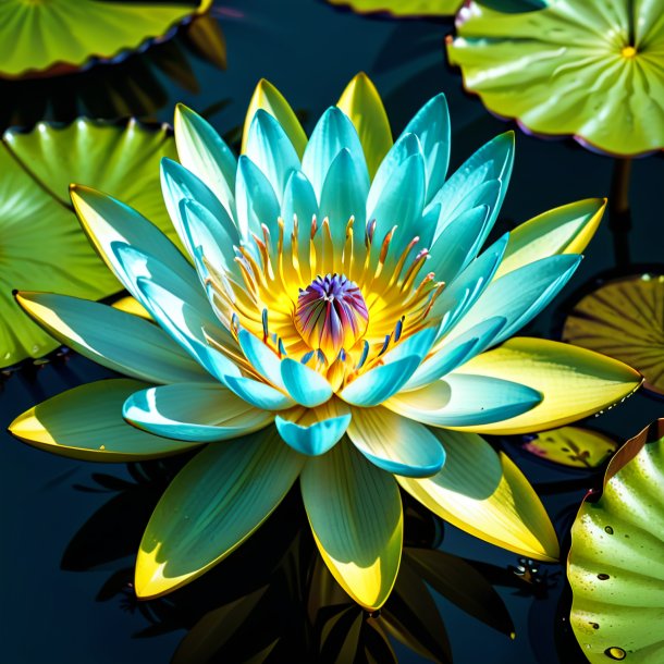 "sketch of a cyan water lily, yellow"