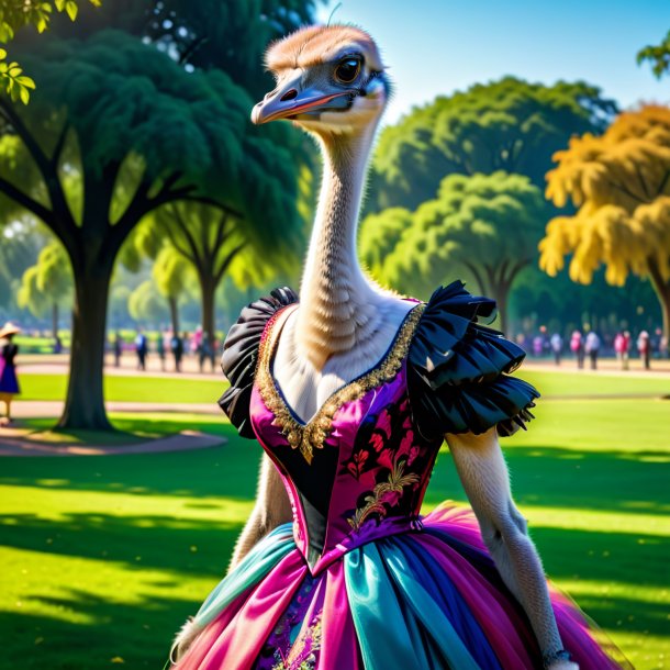 Foto de un avestruz en un vestido en el parque