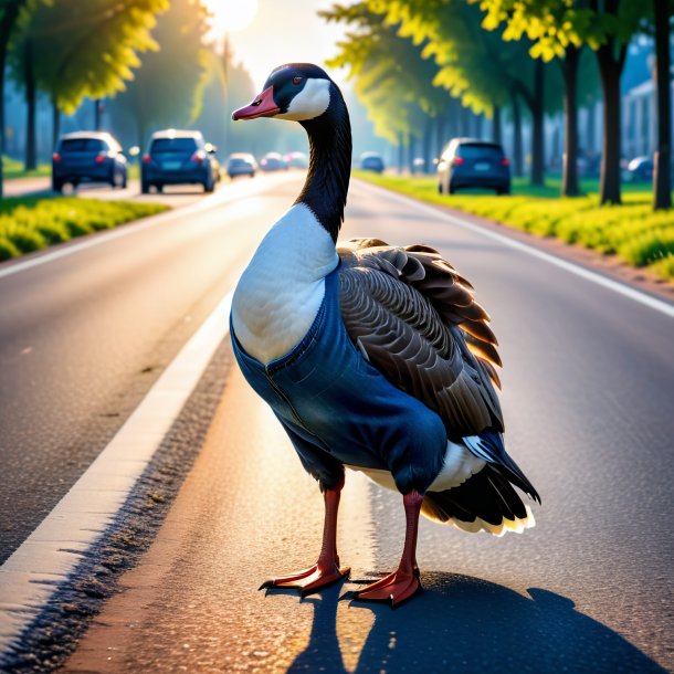 Photo of a goose in a jeans on the road