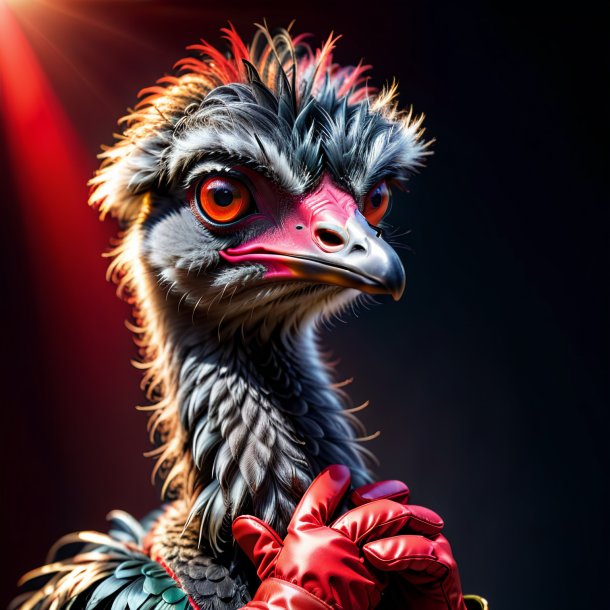 Image of a emu in a red gloves