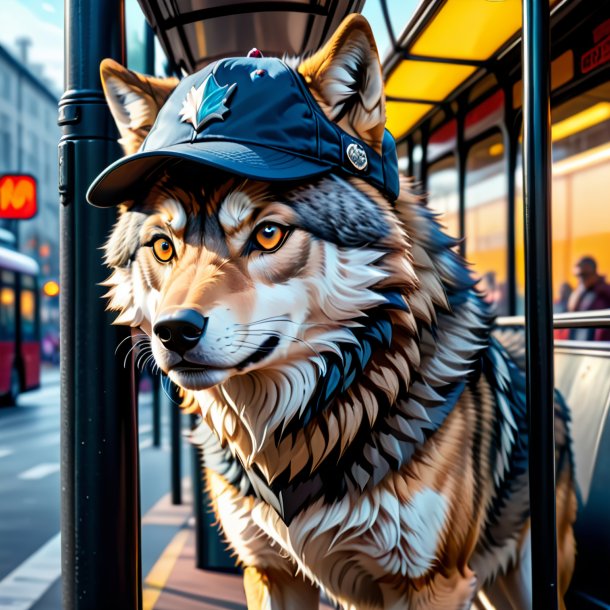 Image of a wolf in a cap on the bus stop