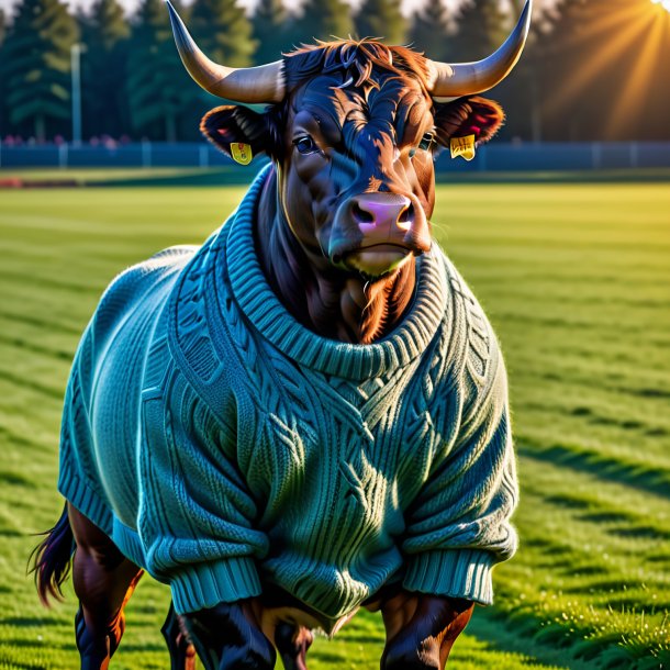 Foto de un toro en un suéter en el campo