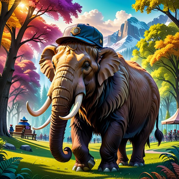 Illustration of a mammoth in a cap in the park