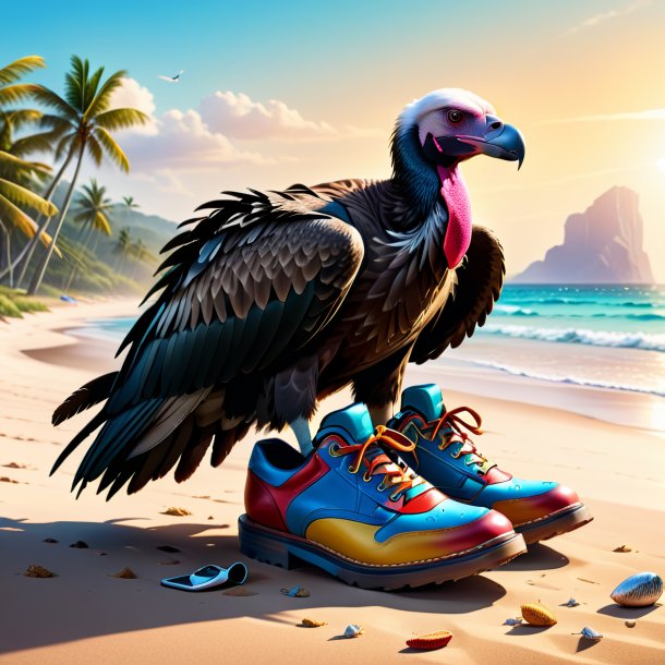 Illustration of a vulture in a shoes on the beach