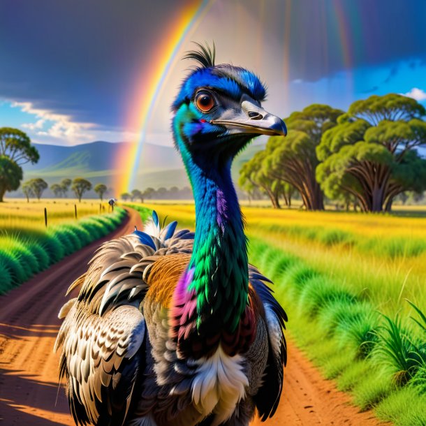 Imagen de una espera de un emu en el arco iris