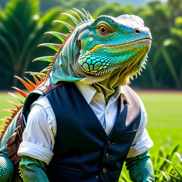 Imagem de uma iguana em um colete no campo