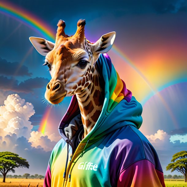 Foto de uma girafa em um hoodie no arco-íris