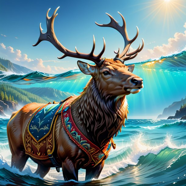 Illustration d'un wapiti dans un gilet dans la mer