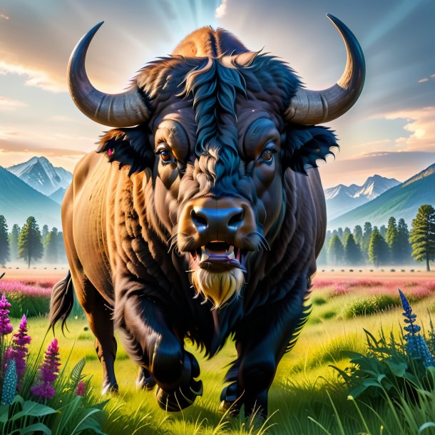 Photo of a threatening of a buffalo in the meadow