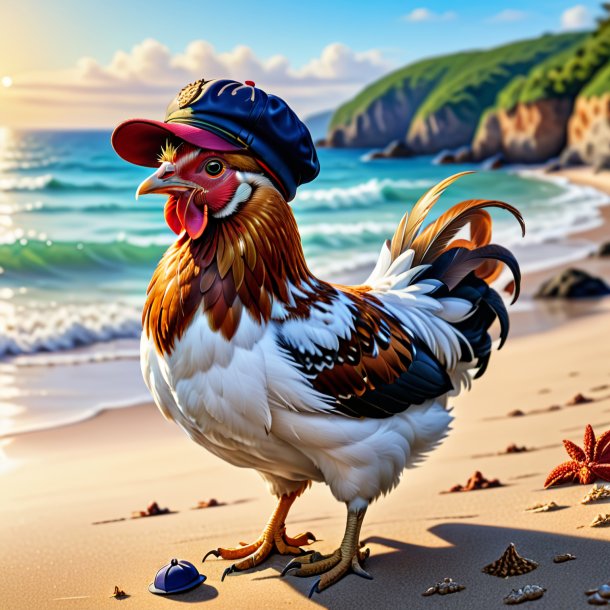 Dessin d'une poule dans une casquette sur la plage