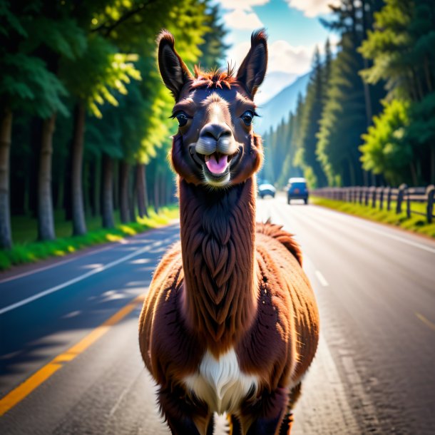 Imagem de um sorriso de uma lhama na estrada