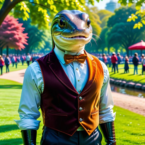 Picture of a eel in a vest in the park