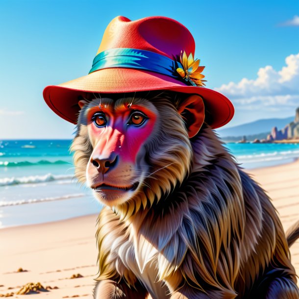 Drawing of a baboon in a hat on the beach