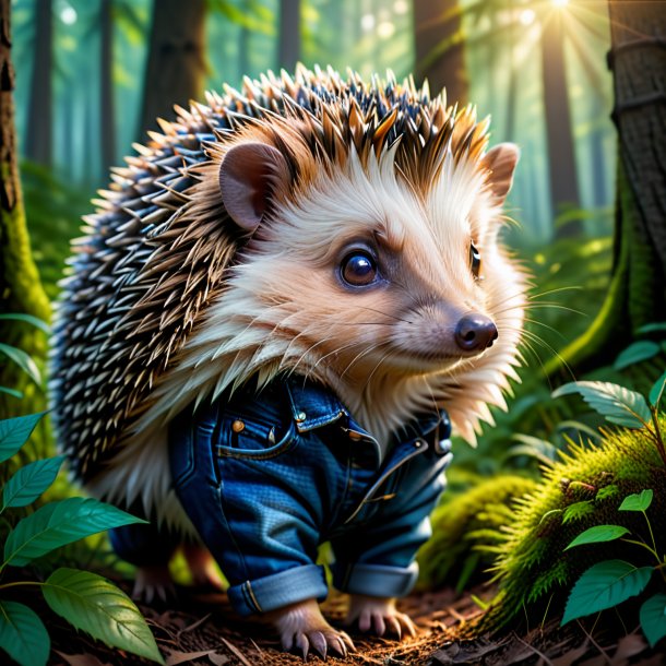 Image of a hedgehog in a jeans in the forest