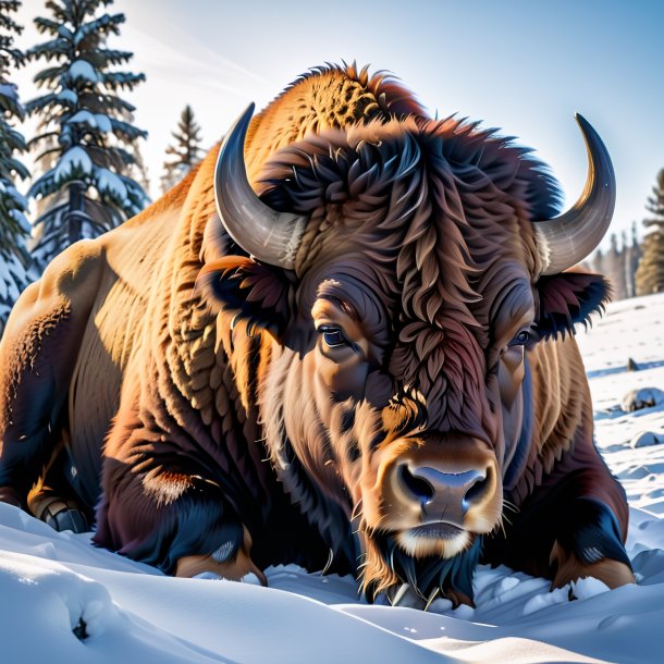 Image of a sleeping of a bison in the snow