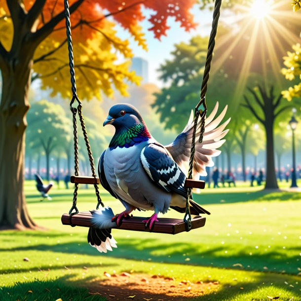 Image of a swinging on a swing of a pigeon in the park