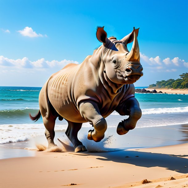 Pic of a jumping of a rhinoceros on the beach