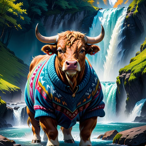 Drawing of a bull in a sweater in the waterfall