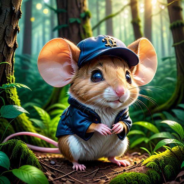 Image d'une souris dans une casquette dans la forêt