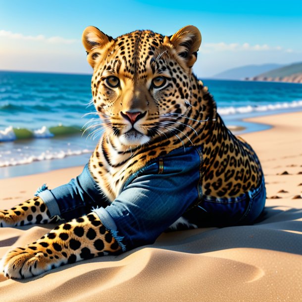 Pic of a leopard in a jeans on the beach