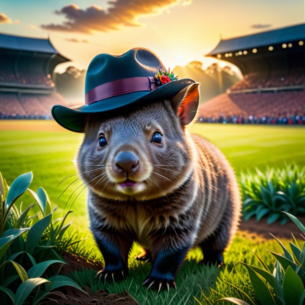 Imagen de un wombat en un sombrero en el campo