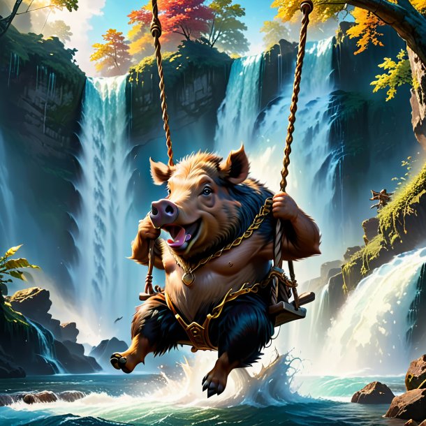 Image of a swinging on a swing of a boar in the waterfall