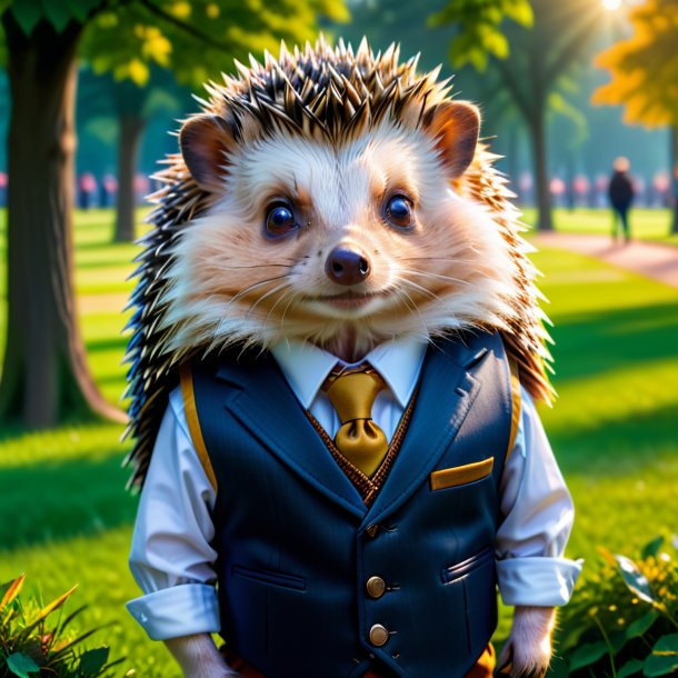 Image of a hedgehog in a vest in the park