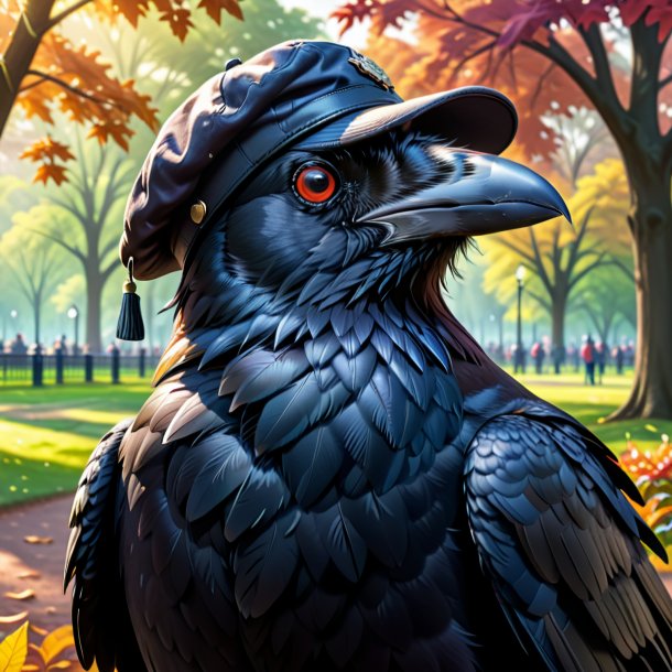 Illustration of a crow in a cap in the park